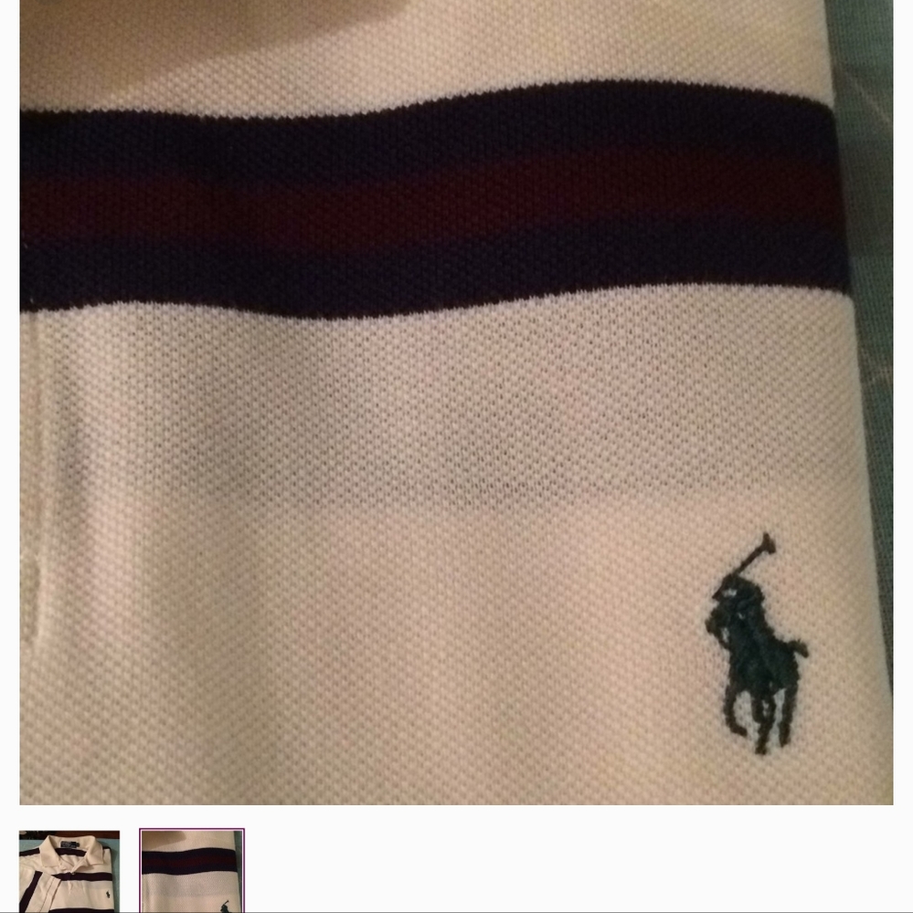 Cream with blue and burgundy striped polo shirt